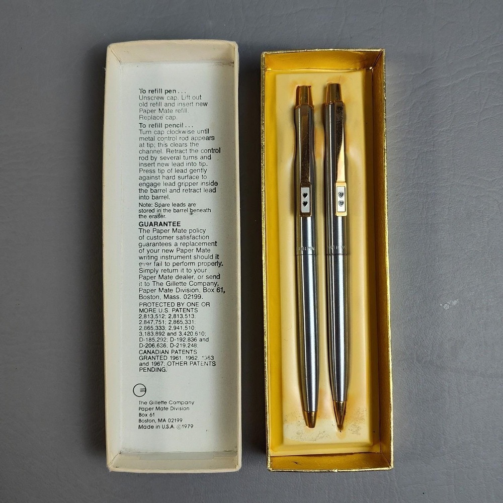 Paper Mate Double Heart Brushed Chrome & Gold Pen & Pencil Set 61 in Box 1979